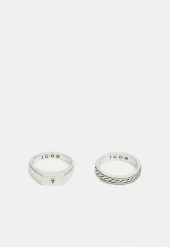 New ⌛ Icon Brand BRUTALIST CROSS AND BAND 2 PACK - Ring - Silver-coloured 😍
